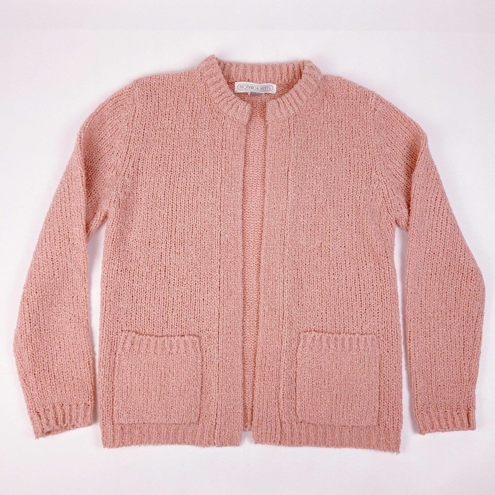Vintage Monarch Knits Pink Pocket Open Flyaway Cardigan Size Medium Fairy Kei